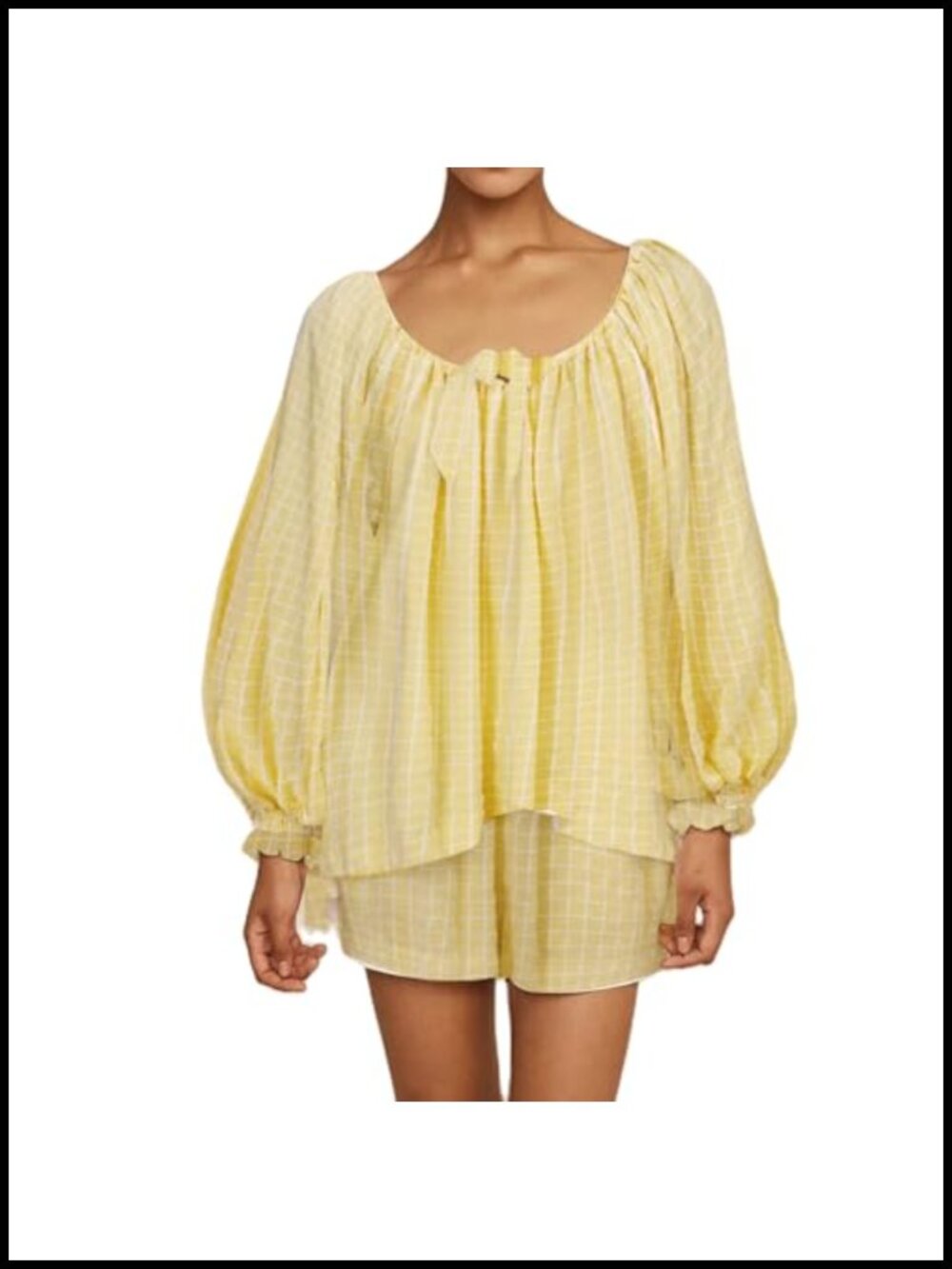 Women Gingham Pajama Set 2 Piece Long Puff Sleeve Babydoll Ruffle Shorts